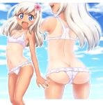  1girl ass back bare_shoulders bikini blue_eyes blue_sky butt_crack cloud cowboy_shot flower frilled_bikini frills from_behind hair_flower hair_ornament hase_yu kantai_collection long_hair multiple_views one-piece_tan ro-500_(kantai_collection) sky smile swimsuit tan tanline white_hair 
