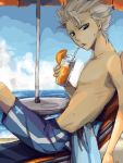  1boy beach bleach drinking hitsugaya_toushirou juice male_focus shirtless white_hair 