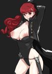  1girl akizora black_flower black_jacket black_legwear black_rose breasts chains choker cleavage commentary_request eyebrows_visible_through_hair flower highres jacket large_breasts leotard long_hair looking_at_viewer nipples persona persona_5 persona_5_the_royal ponytail pubic_hair red_eyes red_hair rose sheath simple_background smile solo thighhighs yoshizawa_kasumi 