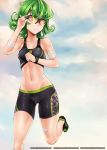  1girl adjusting_eyewear bandage bandaid bare_shoulders bike_shorts black_shorts black_sports_bra blue_sky breasts cleavage cloud cloudy_sky curly_hair green_eyes green_hair groin highres jogging looking_back medium_hair midriff navel one-punch_man outdoors sereneandsilent shorts sky small_breasts solo sports_bra sunset tatsumaki thighs 