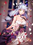  1girl :d absurdres amethyst_(gemstone) bangs blunt_bangs blurry blurry_background blush breasts cowboy_shot cross dress dress_flower eyebrows_visible_through_hair facial_mark floating_hair girls_frontline gloves green_eyes hair_ornament hand_on_own_chest haribo_kanten head_tilt highres hk416_(girls_frontline) indoors large_breasts layered_dress long_hair looking_at_viewer multi-tied_hair open_mouth petals silver_hair smile solo strapless strapless_dress teardrop thighhighs very_long_hair wind 