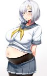  1girl absurdres arms_behind_back blue_eyes blush breasts collarbone grey_skirt hair_ornament hair_over_one_eye hairclip hamakaze_(kantai_collection) highres kantai_collection kusahagane large_breasts looking_at_viewer midriff navel pantyhose pleated_skirt pregnant sailor_collar school_uniform serafuku short_hair short_sleeves silver_hair simple_background skirt smile solo standing upper_body white_background 