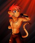  animal_strife black_eyes clothed clothing ear_piercing felid fire_conejo fur hair hi_res male mammal metal musician orange_fur pantherine piercing pink_hair punk singer solo strips tiger topless 