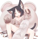  1girl absurdres animal_ear_fluff animal_ears arm_up black_hair blush bottomless brown_hair brown_sweater cat_ears cat_girl cat_tail commentary_request daidai_ookami dakimakura drooling eyes_closed facing_viewer fangs groin hand_up head_tilt highres long_hair long_sleeves multicolored_hair off_shoulder open_mouth original ribbed_sweater saliva sleeves_past_fingers sleeves_past_wrists solo spread_legs sweater tail tears two-tone_hair very_long_hair white_background 