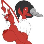  areola big_breasts black_hair breasts clothing demon female gesture hair hi_res horn humanoid nipples not_furry ok_sign red_skin shirt solo thick_thighs topwear vammzu wide_hips 