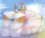  anthro belly belly_grab big_belly bikini blush carrot_(one_piece) clothed clothing dessert digital_media_(artwork) female food fuzzywooly hair ice_cream morbidly_obese obese one_piece open_mouth overweight solo swimwear 
