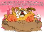  2019 aggressive_retsuko anthro big_breasts breasts clothing digital_media_(artwork) eating english_text female food fuzzywooly huge_breasts morbidly_obese obese overweight retsuko sanrio solo text 