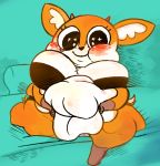  2019 aggressive_retsuko bed belly_grab big_breasts blush breasts clothing digital_media_(artwork) female fuzzywooly huge_breasts looking_at_viewer morbidly_obese obese overweight sanrio simple_background solo tsunoda 