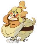  2019 animal_crossing anthro belly big_belly big_breasts blush breasts clothed clothing digital_media_(artwork) female fuzzywooly isabelle_(animal_crossing) morbidly_obese nintendo obese open_mouth overweight simple_background smile solo thick_thighs video_games 