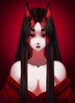  1girl absurdres bare_shoulders black_hair breasts eyelashes highres horns lips lipstick loen-lapae long_hair looking_at_viewer makeup monster_girl oni original red_eyes short_eyebrows simple_background slit_pupils straight_hair thick_eyebrows upper_body 