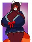  2019 ailurid anthro big_breasts breasts clothed clothing curvaceous female hi_res huge_breasts looking_at_viewer mammal porin red_panda simple_background smile solo standing 