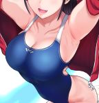  1girl :d armpits arms_up black_hair blue_swimsuit breasts cleavage competition_swimsuit cowboy_shot dutch_angle fang foreshortening head_out_of_frame highleg highleg_swimsuit jacket large_breasts lips miyamoto_issa one-piece_swimsuit open_clothes open_jacket open_mouth original sidelocks smile solo sweat swimsuit 