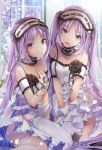  2girls akatsuki_hijiri bangs bare_shoulders blush breasts choker dress euryale eyebrows_visible_through_hair fate/grand_order fate/hollow_ataraxia fate_(series) hairband headdress highres jewelry lolita_hairband long_hair looking_at_viewer multiple_girls open_mouth purple_eyes purple_hair ribbon siblings sisters smile stheno strapless twins twintails very_long_hair white_dress 