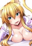  1girl :d animal_ears aqua_eyes blonde_hair blush breasts cat_ears cat_tail cleavage collarbone eyebrows_visible_through_hair fur_trim hair_between_eyes highres jacket large_breasts long_hair looking_at_viewer lying medium_breasts nokoppa on_stomach open_mouth original panties smile solo tail teeth underwear white_panties 