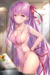  1girl apron bangs bare_shoulders bb_(fate)_(all) bb_(fate/extra_ccc) blush breasts cleavage closed_mouth fate/extra fate/extra_ccc fate_(series) hair_ribbon highres large_breasts light_rays long_hair looking_at_viewer naked_apron pot purple_eyes purple_hair red_ribbon ribbon rin_yuu sideboob signature skillet smile solo thighs 