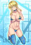  1girl ahoge artist_name artoria_pendragon_(all) artoria_pendragon_(lancer) bangs bare_shoulders bikini blonde_hair blue_bikini blue_eyes blush braid breasts choker cleavage collarbone eyelashes fate/grand_order fate_(series) french_braid hair_between_eyes hand_up highres hip_focus large_breasts looking_at_viewer marker_(medium) navel sidelocks smile solo swept_bangs swimsuit takecha traditional_media 