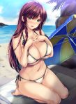  1girl :d bangs bare_legs barefoot beach bikini black_bow blue_sky blush bow braid breasts cloud commentary_request day eyebrows_visible_through_hair green_eyes groin hair_between_eyes hair_bow halterneck highres hong_meiling large_breasts long_hair looking_at_viewer moneti_(daifuku) navel no_hat no_headwear nose_blush ocean open_mouth outdoors palm_tree red_hair seiza shadow side-tie_bikini sitting sky smile solo stomach swimsuit thighs touhou towel tree twin_braids umbrella wet white_bikini 