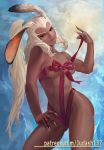  1girl abs animal_ears bare_shoulders breasts bunny censored cleavage dark_skin ears final_fantasy final_fantasy_xii fingernails fran highres judash137 large_breasts legs lips long_hair looking_at_viewer muscle nail_polish ponytail revealing_clothes smile solo thighs toned very_long_hair viera white_hair 