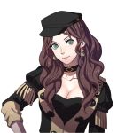  breasts brown_hair cleavage dorothea_(fire_emblem) fire_emblem fire_emblem:_fuukasetsugetsu kurahana_chinatsu large_breasts long_hair looking_at_viewer nintendo simple_background smile solo uniform white_background 