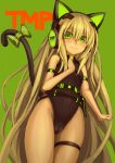  1girl animal_ears bare_shoulders blonde_hair blush cameltoe cat_ears cat_tail covered_navel girls_frontline green_background green_eyes hair_between_eyes headphones leotard long_hair looking_at_viewer osabachan simple_background solo tail thigh_strap tmp_(girls_frontline) very_long_hair 