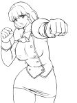  1girl 78_(tky8) 90s agent_aika aika_(series) bangs breasts clenched_hand cravat delmo earrings jacket jewelry monochrome open_mouth panties punch short_hair skirt solo underwear upper_body white_delmo 
