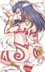  1girl anklet ass back bandage bangs barefoot blue_hair blush bodypaint bracelet butt_crack choker commentary_request earrings em from_behind headband jewelry long_hair looking_at_viewer looking_back neo_ranga nude shimabara_yuuhi simple_background smile solo standing standing_on_one_leg tattoo tribal yellow_eyes 