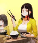  2girls bangs blush bowl breasts brown_eyes brown_hair cardigan choker chopsticks cleavage earrings eating eyebrows_visible_through_hair food jewelry jun_(seojh1029) large_breasts long_hair meat multiple_girls mushroom original plate pleated_skirt rice rice_bowl sauce simple_background sitting skirt smile sukiyaki sweatdrop table tears towel 