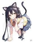  1girl all_fours animal_ears bangs black_hair blazer blue_skirt blush brown_eyes cat_ears cat_tail commentary_request eyebrows_visible_through_hair hair_between_eyes highres jacket k-on! kemonomimi_mode long_hair looking_at_viewer nakano_azusa neck_ribbon open_mouth paw_pose pleated_skirt ribbon sakuragaoka_high_school_uniform school_uniform shirt short_sleeves simple_background skirt smile solo sweater_vest tail takenoko_no_you twintails white_background white_shirt 