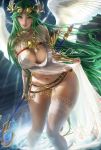  1girl artist_name belt breasts cleavage green_eyes green_hair highres holding holding_staff jewelry kid_icarus large_breasts long_hair matching_hair/eyes navel necklace nintendo palutena panties patreon_username sakimichan signature skindentation smile solo staff standing thighhighs underwear very_long_hair watermark web_address white_legwear white_panties white_wings wings 