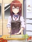  1girl apron bangs blush brown_hair closed_mouth commentary_request cooking crossed_bangs cutting_board daikon dated dress_shirt food grey_eyes hair_between_eyes highres knife long_hair looking_down makise_kurisu necktie p3yziukko0rvzsp red_neckwear shirt sleeves_rolled_up solo steins;gate sweatdrop tomato wavy_mouth white_shirt 