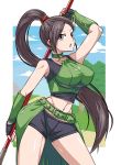  1girl arm_up bare_shoulders bike_shorts black_gloves black_hair blue_sky breasts choker cloud cowboy_shot day dragon_quest dragon_quest_xi eyebrows_visible_through_hair fingerless_gloves gloves green_choker halterneck high_ponytail highres holding holding_weapon large_breasts legs_apart long_hair martina_(dq11) naginata navel o-ring o-ring_top open_mouth outdoors overskirt polearm ponytail purple_eyes sky solo suzusiigasuki v-shaped_eyebrows very_long_hair weapon 