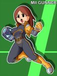  arm_cannon belt black_eyes boots breasts brown_hair clenched_hand eyebrows eyelashes female female_focus gloves gun_arm hair jacket mii_gunner nintendo open_jacket open_mouth pedrocorreia pose skin_tight super_smash_bros. super_smash_bros._ultimate weapon 
