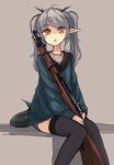  2015 amber_eyes animal_humanoid clothed clothing deadflow dragon dragon_humanoid female green_scales grey_background grey_hair gun hair holding_object holding_weapon horn humanoid legwear looking_at_viewer open_mouth ranged_weapon rifle scales simple_background sitting solo thigh_highs weapon 