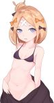  1girl abigail_williams_(fate/grand_order) bandaid_on_forehead bangs bare_shoulders bikini black_bikini black_bow black_jacket blonde_hair blue_eyes blush bow breasts collarbone crossed_bandaids fate/grand_order fate_(series) forehead hair_bun heroic_spirit_traveling_outfit highres jacket long_hair looking_at_viewer luomu navel off_shoulder open_clothes open_jacket orange_bow parted_bangs parted_lips polka_dot polka_dot_bow simple_background small_breasts solo swimsuit white_background 