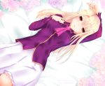  1girl arm_up bed_sheet bilibala dress_shirt erect_nipples fate/stay_night fate_(series) flower frilled_skirt frills from_above hair_between_eyes illyasviel_von_einzbern long_hair long_sleeves looking_at_viewer lying medium_skirt on_back parted_lips pink_flower pink_neckwear pink_rose pleated_skirt purple_shirt red_eyes rose shirt silver_hair skirt solo white_skirt 