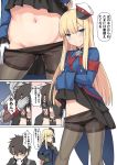  1boy 1girl bangs black_gloves black_hair black_legwear blonde_hair blue_eyes blush comic commentary_request cutout eyebrows_visible_through_hair fate/grand_order fate_(series) fujimaru_ritsuka_(male) gloves hat jacket long_hair long_sleeves navel pantyhose reines_el-melloi_archisorte shiseki_hirame simple_background translation_request white_background white_gloves 