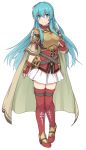  1girl arm_at_side armor blue_eyes blue_hair blush boots breastplate cape clenched_hand closed_mouth commentary_request eirika faulds fingerless_gloves fire_emblem fire_emblem:_seima_no_kouseki full_body gloves grey_cape long_hair looking_at_viewer miniskirt nintendo pauldrons red_footwear red_gloves shiseki_hirame shoulder_armor simple_background skirt smile solo standing thigh_boots thighhighs very_long_hair white_background white_skirt zettai_ryouiki 