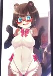  anthro blush breasts canid canine clothed clothing duo eyewear fangs female flustered glasses hi_res kemono mammal mouse murid murine phone raccoon_dog ribbons rodent solo_focus tanuki tight_clothing youki 