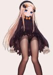  1girl abigail_williams_(fate/grand_order) bangs black_bow black_dress black_headwear black_legwear black_panties blonde_hair blue_eyes blush bow crotch_seam dress fate/grand_order fate_(series) gantan hair_bow hat highres long_hair long_sleeves looking_at_viewer orange_bow panties panties_under_pantyhose pantyhose parted_bangs polka_dot polka_dot_bow simple_background sleeves_past_fingers sleeves_past_wrists solo standing underwear very_long_hair 