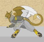  anthro avian blush clothing feathers gryphon hi_res hindpaw male opinicus pawpads paws presenting wings zirius 