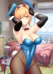  1girl animal_ears armpits arms_up bangs bare_shoulders bed black_gloves blue_bunny_ears blue_leotard blurry blurry_background blush bow bowtie breasts bunny_ears bunny_girl bunny_tail bunnysuit cleavage closed_mouth collarbone covered_navel cowboy_shot day detached_sleeves elbow_gloves eyebrows_visible_through_hair fake_animal_ears fake_tail female fine_fabric_emphasis fishnet_legwear fishnets gentsuki gloves groin hairband head_tilt highleg highleg_leotard highres indoors large_breasts leotard looking_at_viewer neck orange_hair original pantyhose red_eyes red_neckwear shiny shiny_clothes shiny_hair short_hair sidelocks solo strapless strapless_leotard table tail tsurime wavy_mouth window wrist_cuffs 