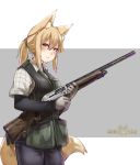  animal_humanoid ayyh15 blonde_hair blush breasts canid canid_humanoid canine canine_humanoid clothed clothing female fluffy fluffy_tail fox_humanoid fur gloves gun hair hi_res holding_object holding_weapon humanoid inner_ear_fluff looking_at_viewer mammal ponytail ranged_weapon red_eyes reloading shotgun solo standing tan_fur vest weapon 