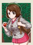 1girl backpack bag breasts brown_eyes brown_hair buttons cardigan closed_mouth collared_dress cowboy_shot creatures_(company) dress eyebrows_visible_through_hair female_protagonist_(pokemon_swsh) game_freak green_headwear grey_cardigan hat highres holding holding_poke_ball legs_together looking_at_viewer medium_breasts nintendo outline pink_dress poke_ball poke_ball_(generic) pokemon pokemon_(game) pokemon_swsh short_dress short_hair smile solo suzusiigasuki tam_o&#039;_shanter white_outline 