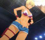  10s 1girl ahoge bikini bikini_top blonde_hair breasts cleavage collar cutoffs dark_skin denim denim_shorts green_eyes hands_on_hips highres mito_ikumi navel open_fly screencap shokugeki_no_souma short_hair short_shorts shorts stitched swimsuit tan third-party_edit unbuttoned 