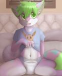  anthro canid canine clothed clothing clothing_lift cub diaper eevee fox green_eyes green_hair green_nose hair hi_res male mammal navel nikohowlii nintendo open_mouth pillow pok&eacute;mon pok&eacute;mon_(species) shirt shirt_lift sitting sofa solo topwear video_games young 