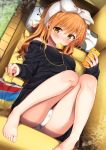  1girl barefoot black_sweater breasts chips commentary_request couch crotch_seam dutch_angle feet food holding holding_phone legs_up light_particles long_hair long_sleeves looking_at_viewer lying medium_breasts mouth_hold off_shoulder on_back on_couch orange_eyes orange_hair original panties phone pillow potato_chips ribbon sasahara_wakaba solo star sweater thighs toes underwear white_panties white_ribbon 