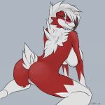  1:1 2019 anthro big_breasts blush breasts butt canid canine canis digital_media_(artwork) female fur hair hi_res looking_at_viewer lycanroc mammal midnight_lycanroc nintendo nude ownychan pok&eacute;mon pok&eacute;mon_(species) pussy simple_background smile solo video_games white_fur 