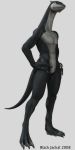  1:2 2008 3_fingers 3_toes 3d_(artwork) anthro barefoot big_claws biped black_jackal black_scales black_tail claws digital_media_(artwork) front_view full-length_portrait grey_background grey_claws hands_on_hips hi_res lizard lizzy long_neck looking_at_viewer male multicolored_scales nude portrait reptile scales scalie simple_background slit_pupils solo standing toe_claws toes two_tone_scales white_scales yellow_eyes 