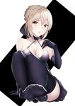  1girl absurdres artoria_pendragon_(all) bangs bare_shoulders black_dress black_gloves black_legwear black_ribbon blonde_hair blush braid breasts cleavage collarbone commentary_request dress elbow_gloves fate/grand_order fate_(series) feet french_braid gloves hair_bun highres legs_together looking_at_viewer medium_breasts nekoma0116 no_shoes open_mouth pleated_skirt pov_feet ribbon saber_alter simple_background sitting skirt sleeveless sleeveless_dress soles solo thighhighs thighs toes white_background yellow_eyes 