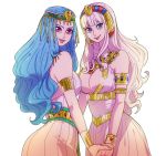  2girls armlet blue_eyes blue_hair bracelet breasts cleavage crossover dress duo earrings egyptian_clothes egyptian_dress egyptian_necklace fairy_tail female hair_ornament hand_holding jewelry large_breasts long_hair millorart mirajane_strauss multiple_girls necklace nefertari_vivi one_piece piercing pink_eyes princess smile traditional_clothes wavy_hair white_hair 